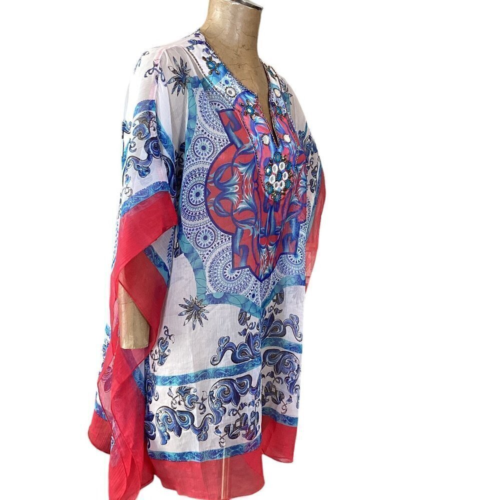 Kristals Poncho Kimono Kaftan Beach‎ Cover-up Beaded Top Sz L #253H - Picture 4 of 8